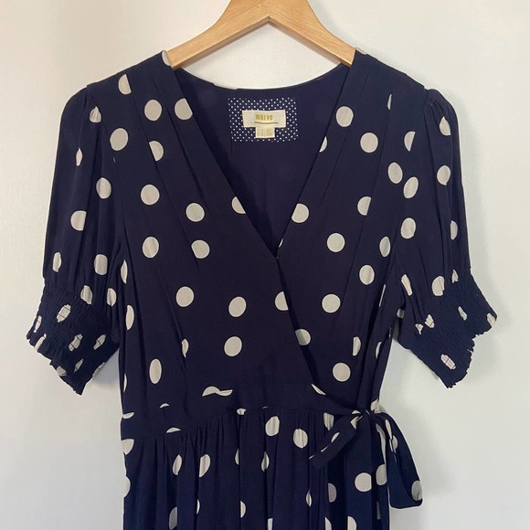 Anthropologie Maeve Polka Dot Wrap Dress Midi High-Low Puff Sleeve Navy Blue 8 - Picture 7 of 10